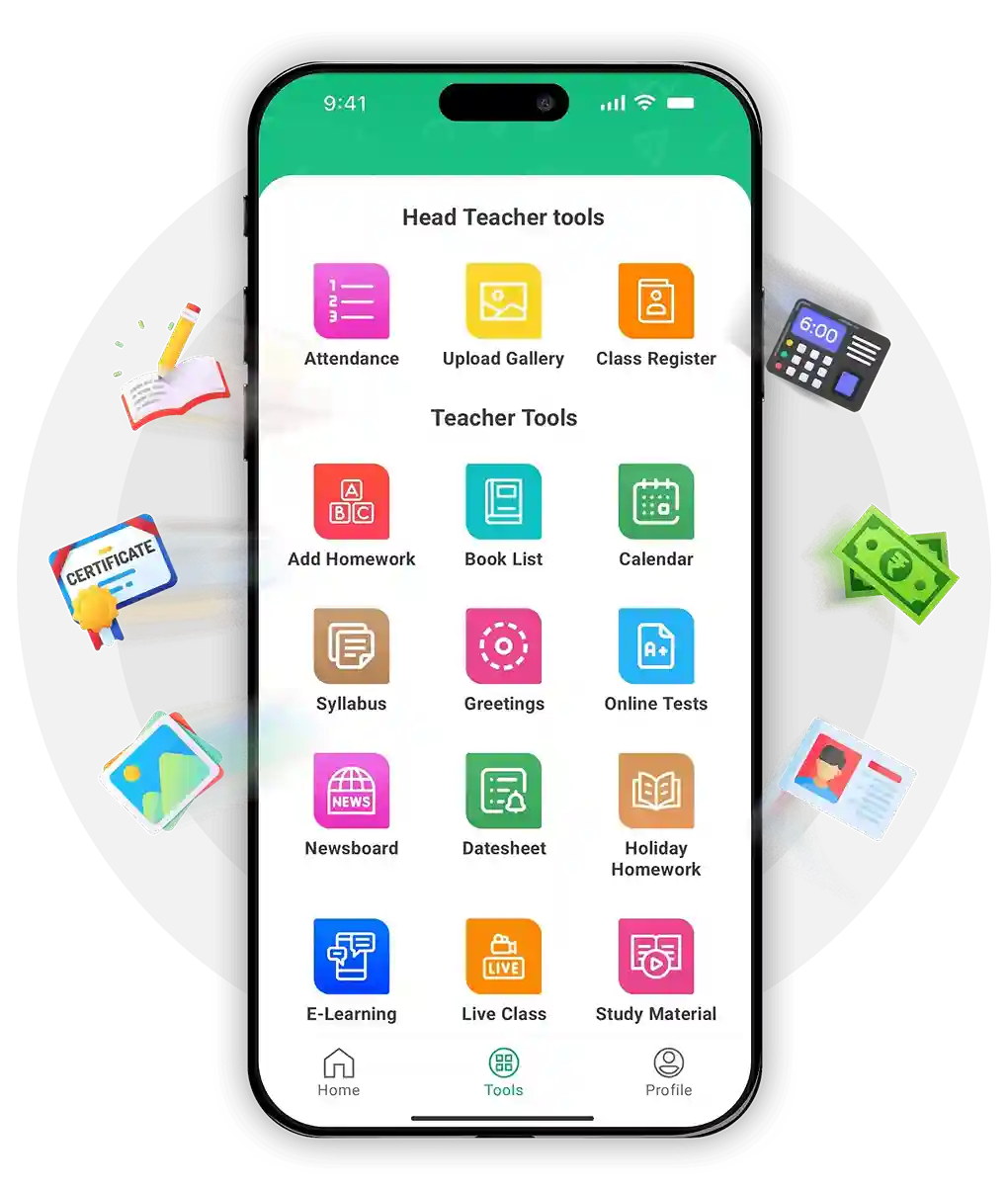 Smartphone showing smart school app for parents and teachers